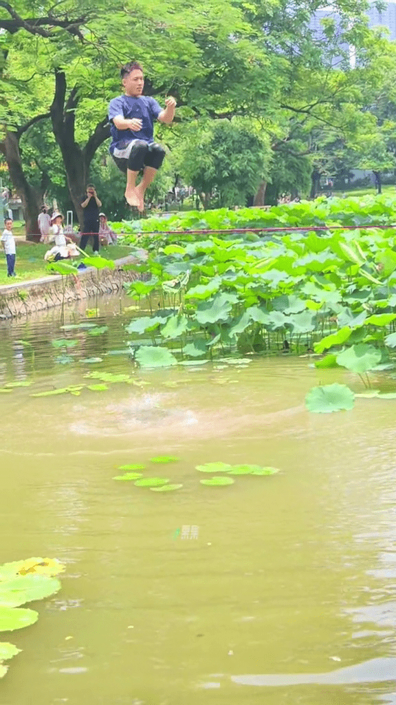 洪湖公園荷花賞引入「水上扁擔」，國內頂級水上特技首度亮相深圳。 抖音