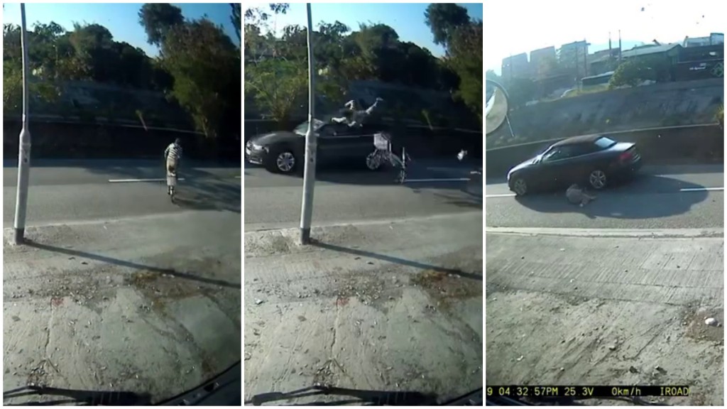 踩單車婦人過路期間遭私家車撞飛拋高,再跌落10米外倒地昏迷。cctv截圖