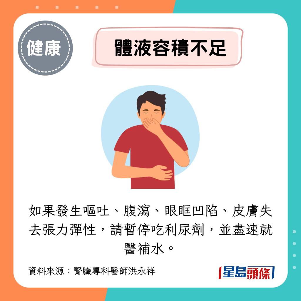 如果发生呕吐、腹泻、眼眶凹陷、皮肤失去张力弹性,请暂停吃利尿剂,并尽速就医补水。 如果发生呕吐、腹泻、眼眶凹陷、皮肤失去张力弹性,请暂停吃利尿剂,并尽速就医补水。