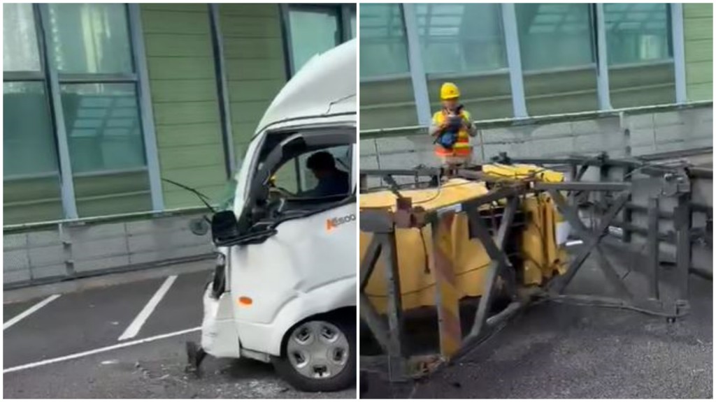 吐露港公路密斗貨車撼工程車 鐵架倒地 司機被困獲救送院 │有片