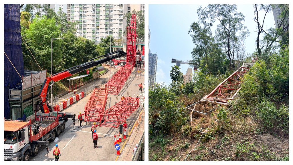 工程人員組裝新天秤，稍後並運走舊天秤殘骸。梁國峰攝