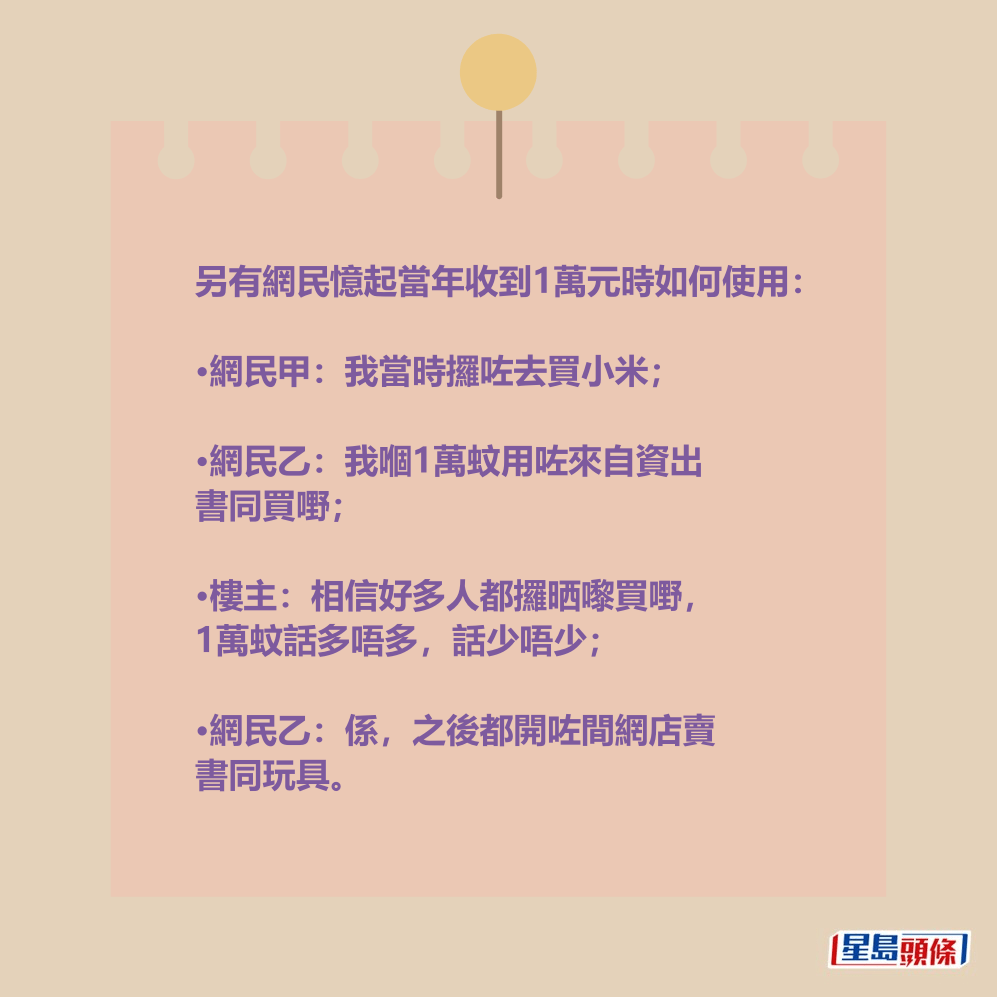 另有網民憶起當年收到1萬元時如何使用。Threads截圖 另有網民憶起當年收到1萬元時如何使用。Threads截圖