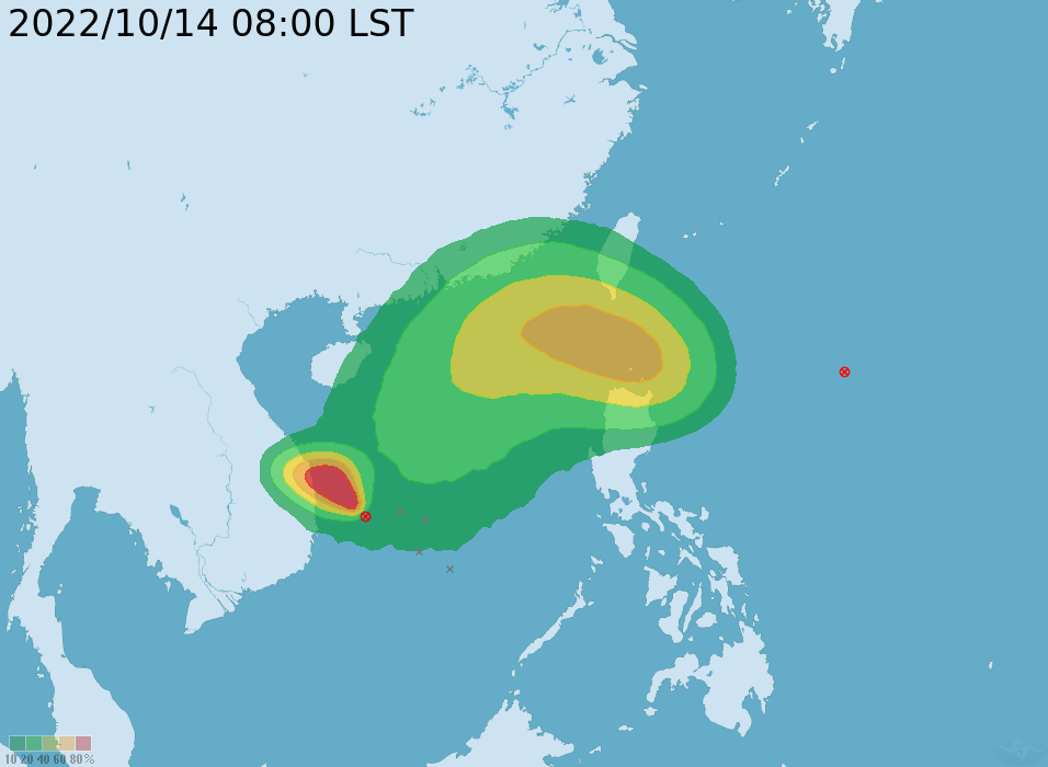 南海及菲律賓兩個熱帶氣旋的暴風圈侵襲機率。台灣中央氣象局圖片