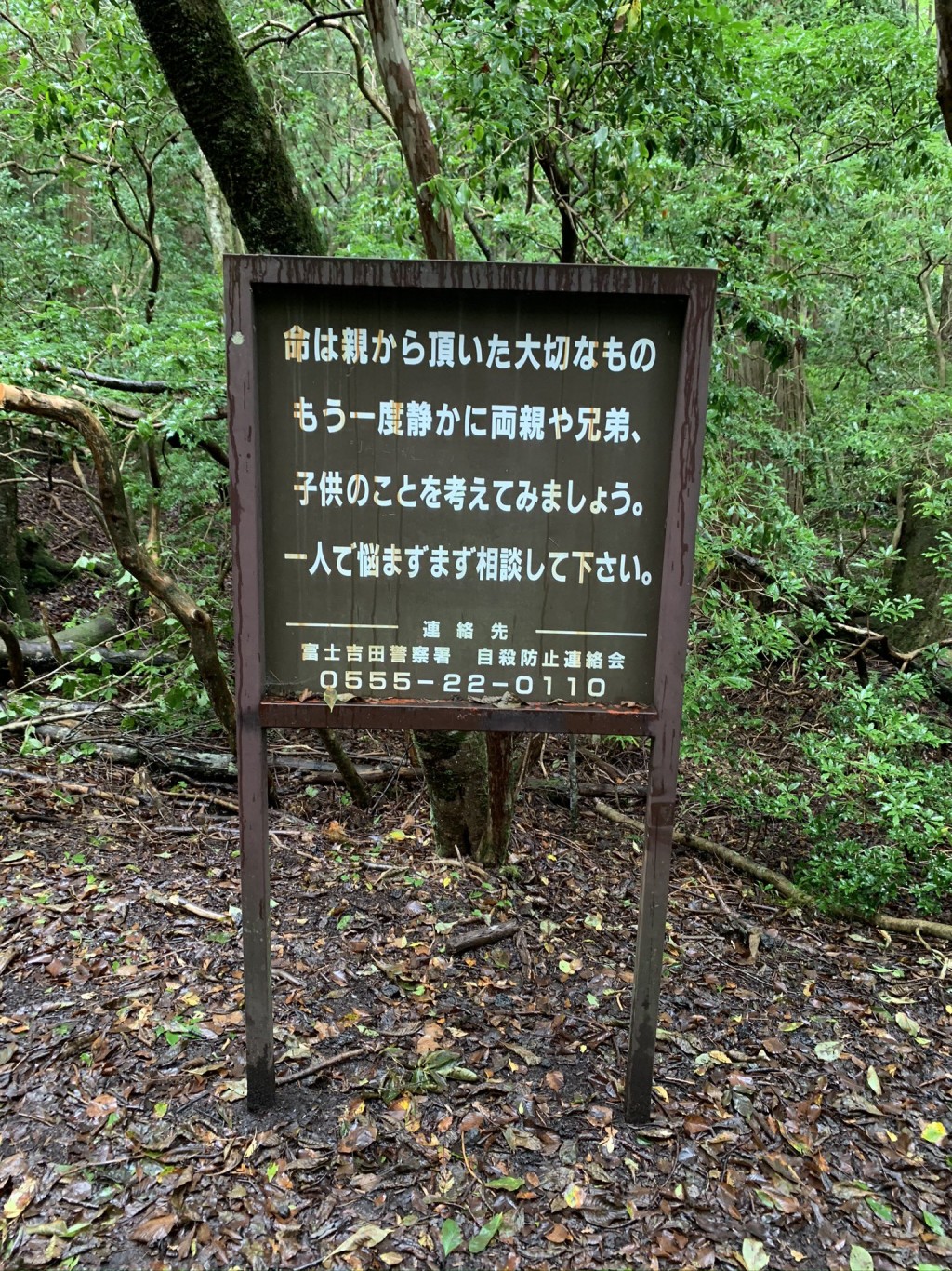 当地政府以及民间组织，都会在青木原树海内竖立写有防止自杀语句的木板。日本旅行社Ginza Planet Twitter图片