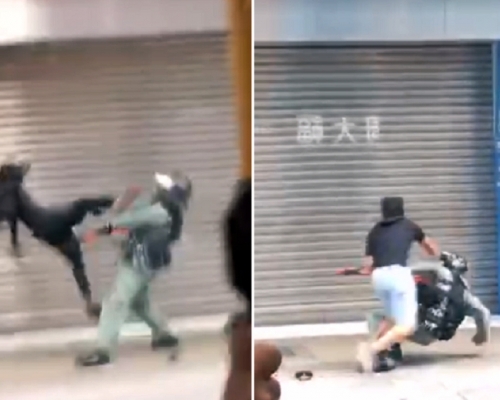 示威者起飛腳踢向防暴警員面部。