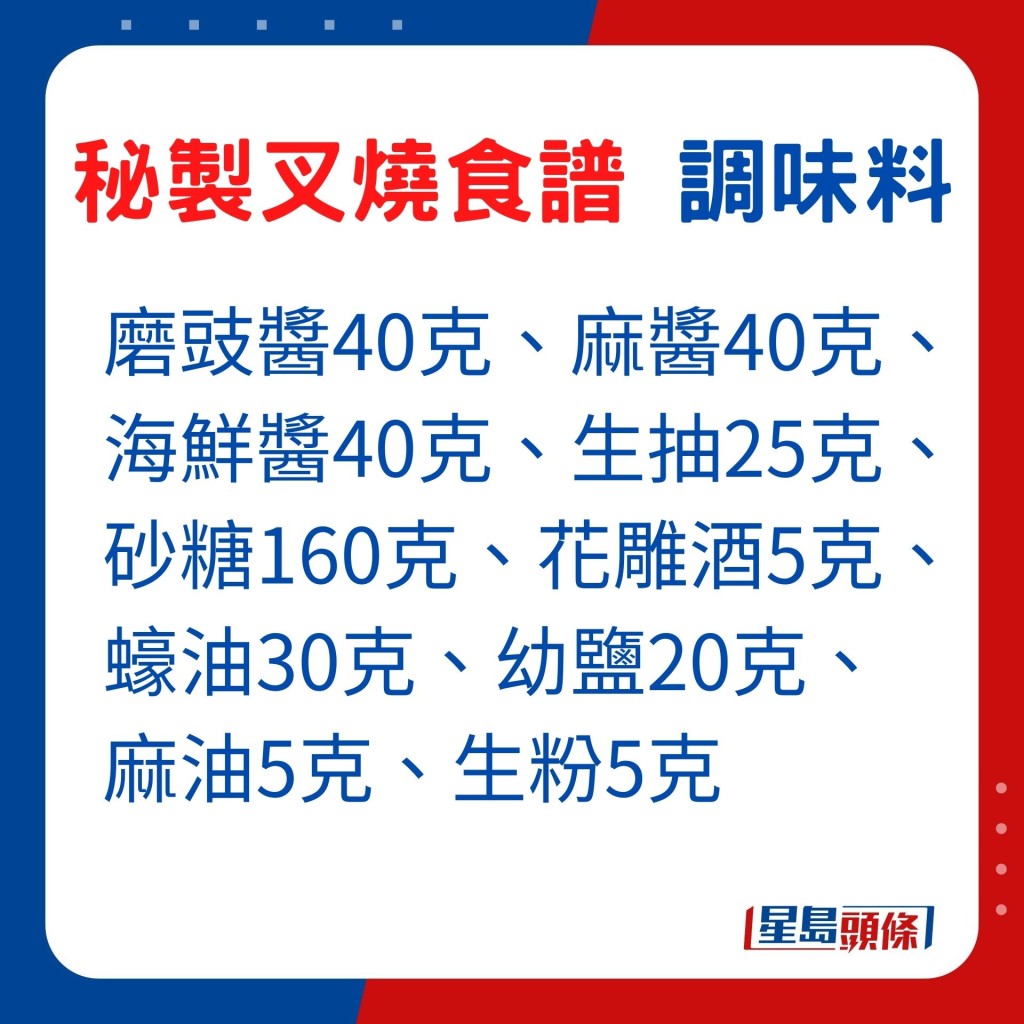 叉燒調味料：磨豉醬40克、麻醬40克、海鮮醬40克、生抽25克、砂糖160克、花雕酒5克、蠔油30克、幼鹽20克、麻油5克、生粉5克