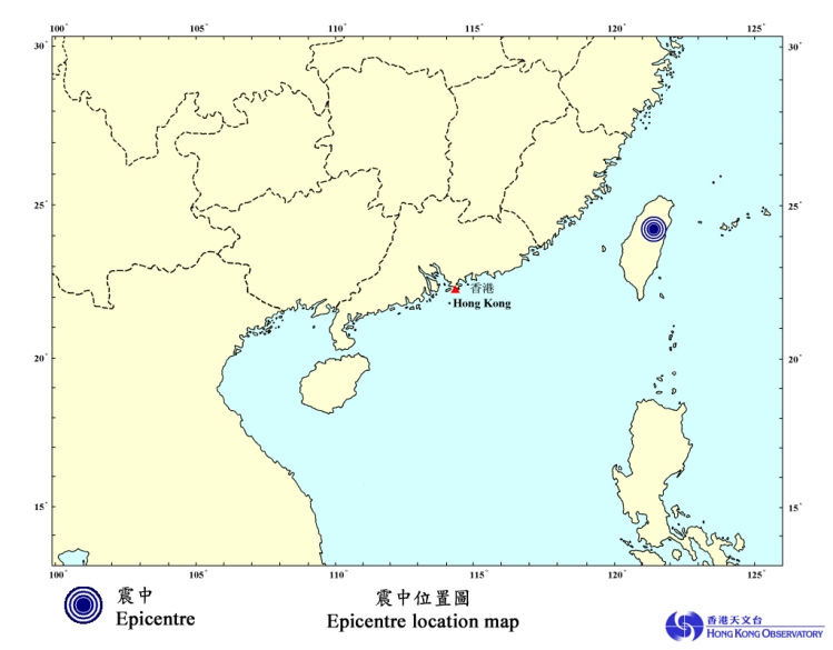 震中位置圖。圖:香港天文台