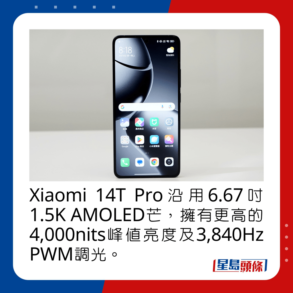 Xiaomi 14T Pro沿用6.67寸1.5K AMOLED芒，拥有更高的4,000nits峰值亮度及3,840Hz PWM调光。