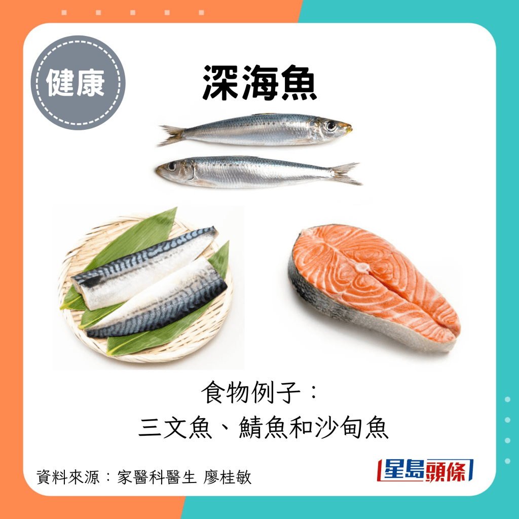 深海鱼：食物例子： 三文鱼、鲭鱼和沙甸鱼