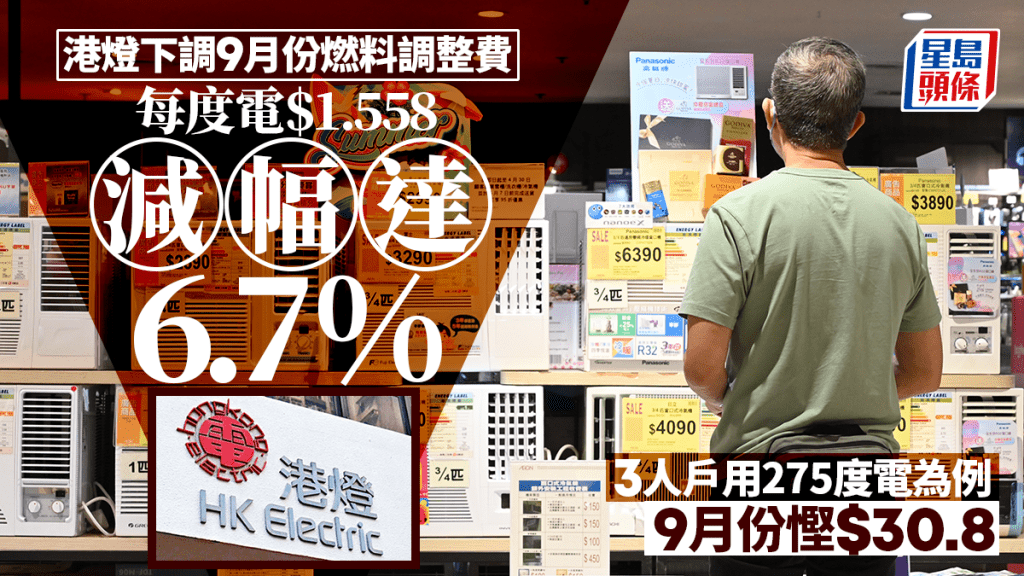兩電下調9月份燃料調整費 港燈及中電每度電分別減至32.9仙及42.9仙 