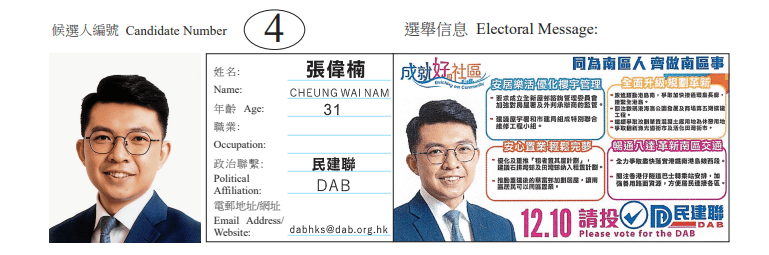 南区西北地方选区候选人4号张伟楠。