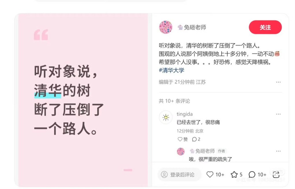 北京學者張愛玲去世,死因傳是在清華被斷樹壓斃。小紅書 北京學者張愛玲去世,死因傳是在清華被斷樹壓斃。小紅書