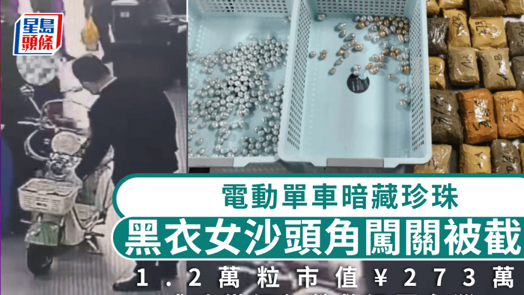 市值¥273萬1.2萬粒珍，黑衣女暗藏電動單車闖關被截。 