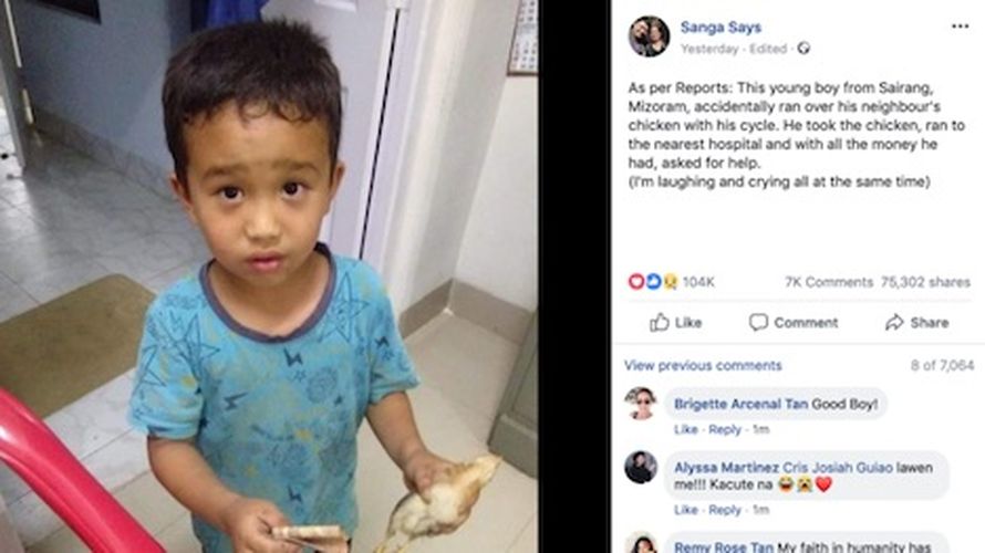 拉爾昌希默手上拿著他全部的零用錢將小雞送院。Sanga Says Facebook