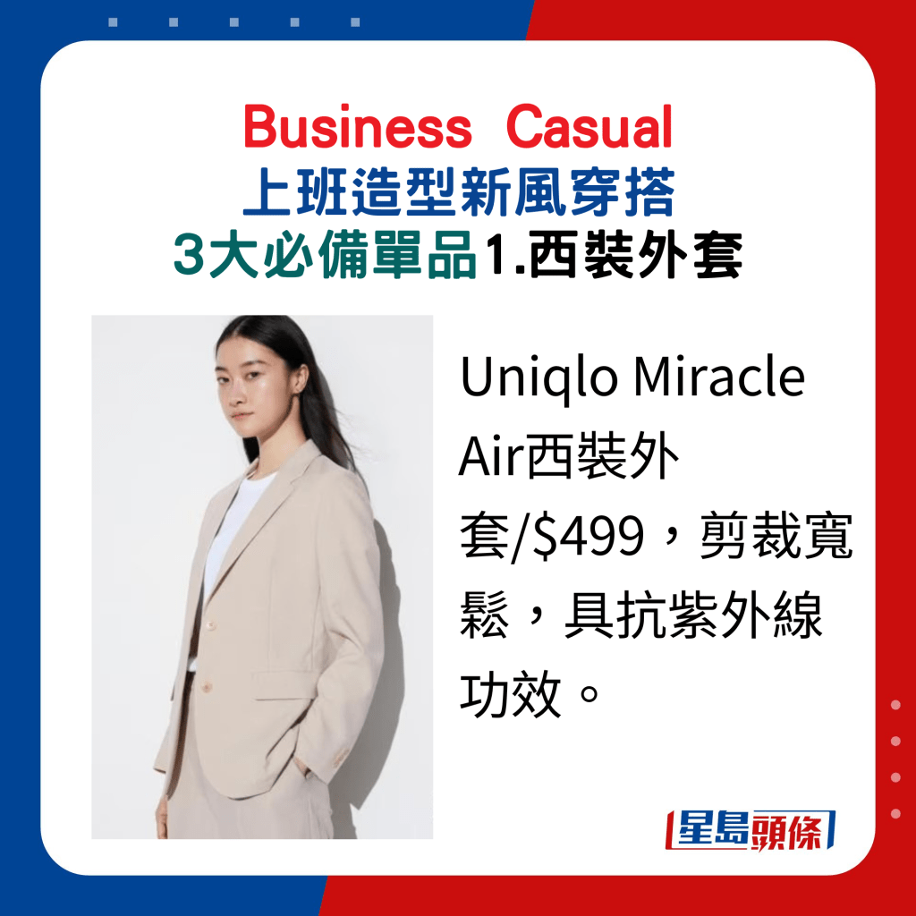 1.西裝外套：Uniqlo Miracle Air西裝外套/$499，剪裁寬鬆，具抗紫外線功效。