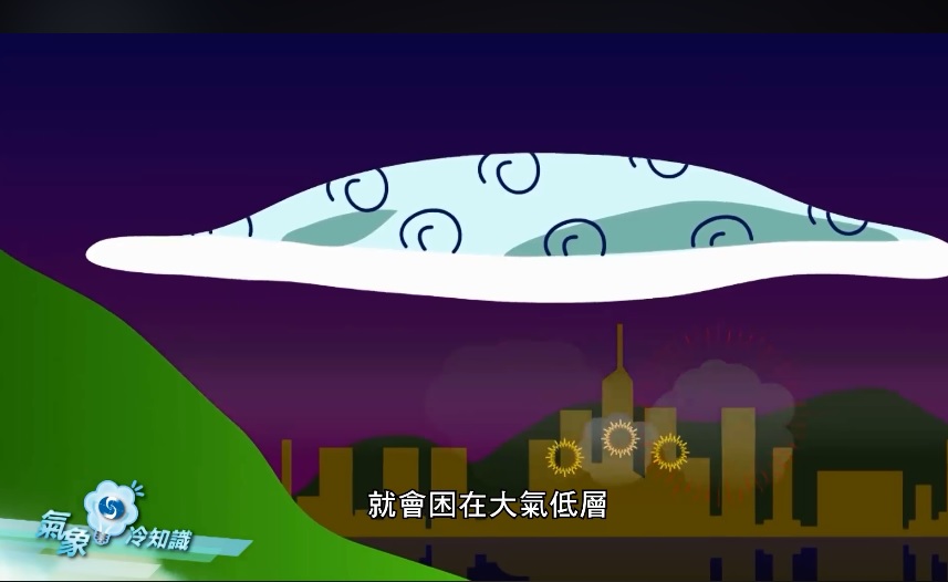 若高空的空氣較低層熱,煙花的煙會被困在低層。天文台
