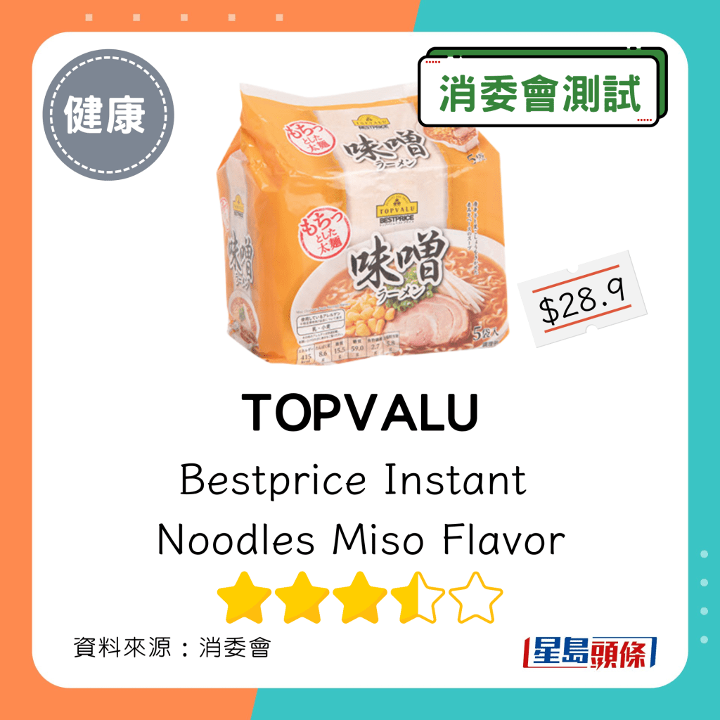消委會即食麵｜TOPVALU Bestprice Instant Noodles Miso Flavor