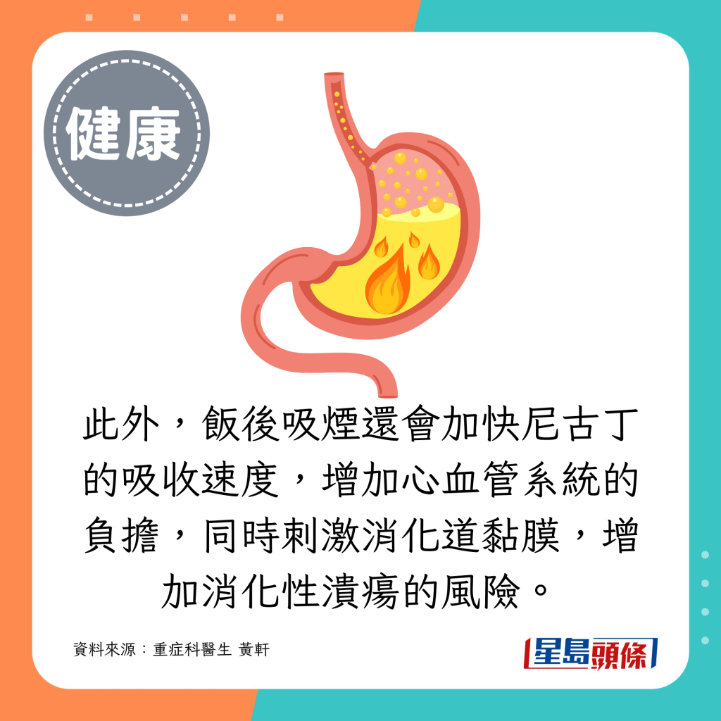此外，飯後吸煙還會加快尼古丁的吸收速度，增加心血管系統的負擔，同時刺激消化道黏膜，增加消化性潰瘍的風險。