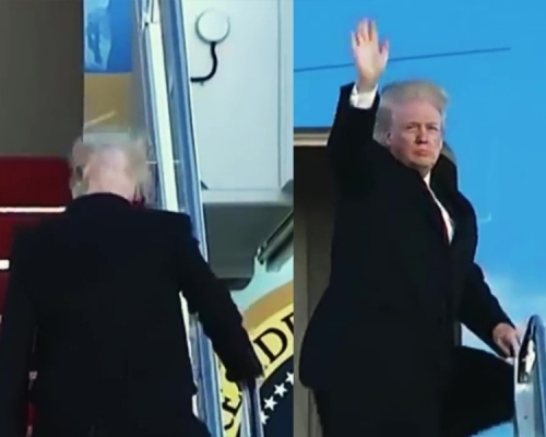 特朗普被記者拍下頭髮稀疏的一幕。（網圖）