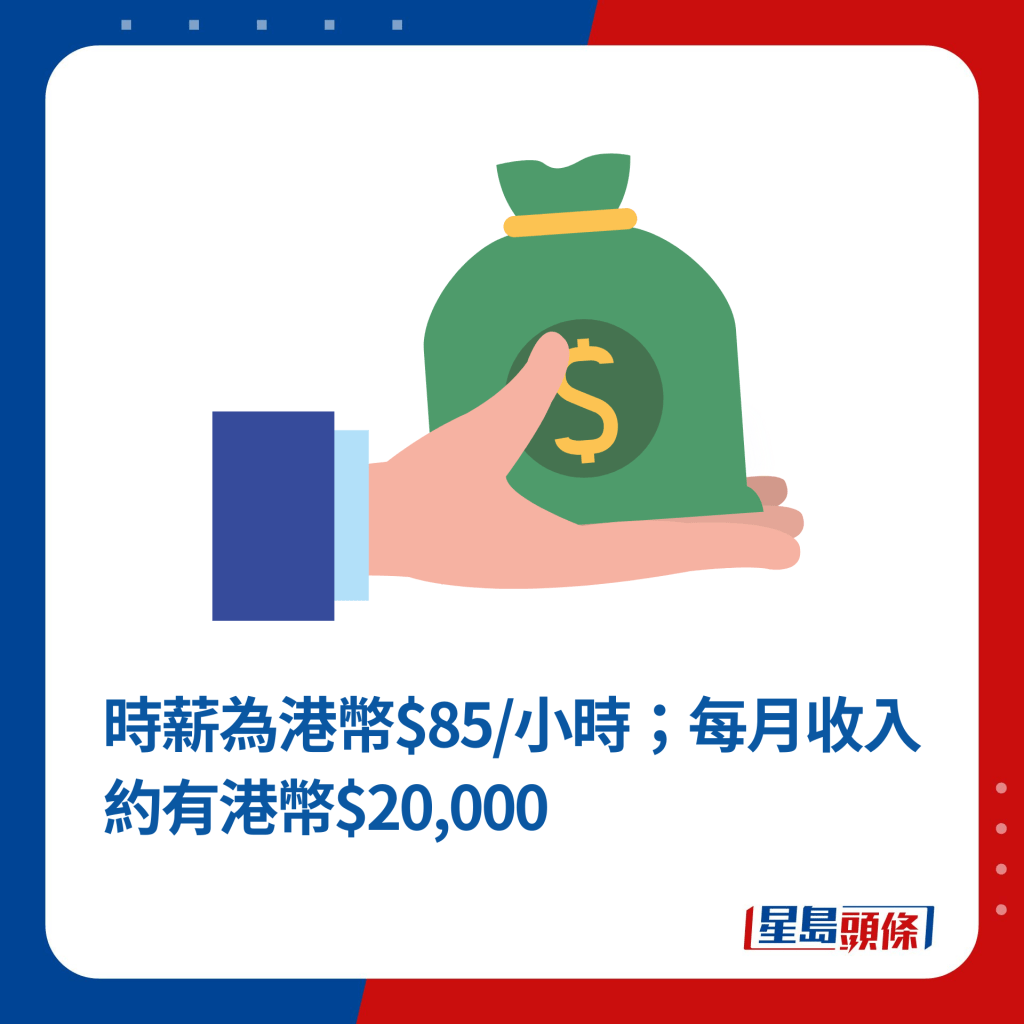 时薪为港币$85/小时；每月收入约有港币$20,000