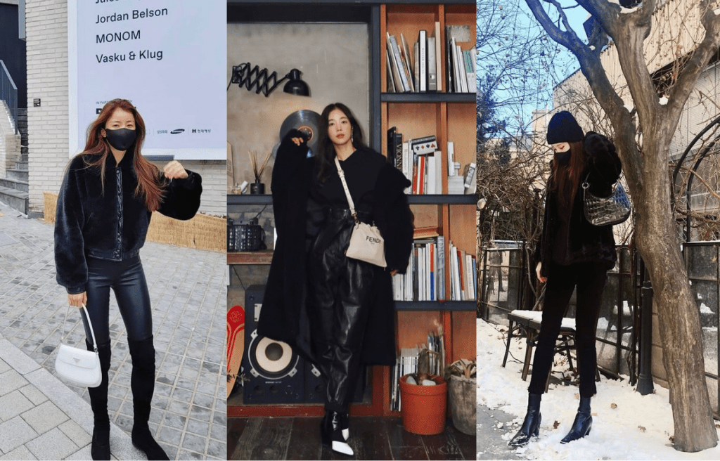 左一:熱播韓劇《Sweet Home》女角之一李施昤 ,在戲內展現的「聖誕樹背肌」留下深刻印象。劇外她穿着黑色皮革細節點綴的鬆身毛毛短身外套,搭配貼身皮褲及Over-the-knee長靴,再襯以白色Prada Cleo Bag,造型瀟灑幹練。左二:有份演出韓劇《紳士的品格》身兼時尚KOL 奇恩世,她的穿搭值得參考 ! 她將Oversize黑色大褸搭配黑色上衣及高腰皮褲,造型修身又型格。左三:前少女時代成員的徐玄以黑色毛毛鬆身外套配搭貼身Cropped長褲及及短靴,外形上闊下窄,雙腿倍顯修長。