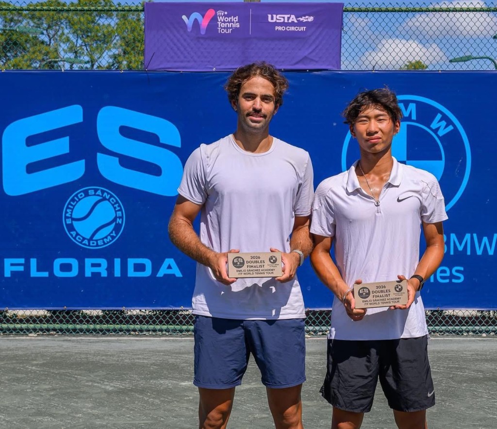 王子夫(右)跟巴西双打拍档连两2站M15级别亚军。受访者提供 王子夫(右)跟巴西双打拍档连两2站M15级别亚军。受访者提供