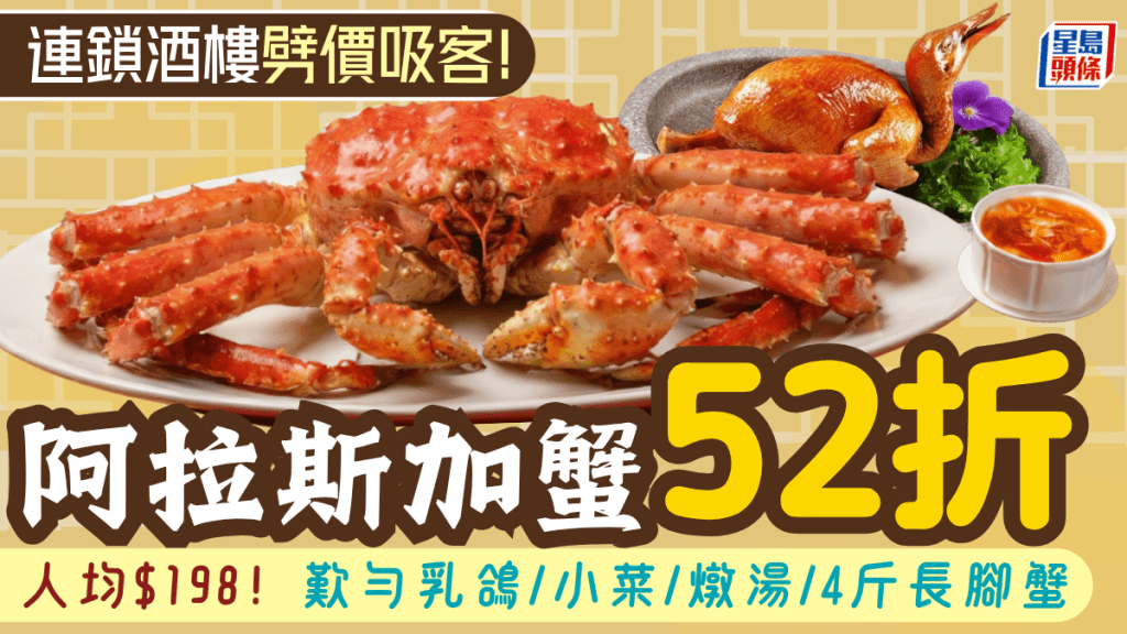 阿拉斯加蟹震撼52折！人均$198豪叹4斤重长脚蟹加脆皮乳鸽 兼享小菜+炖汤