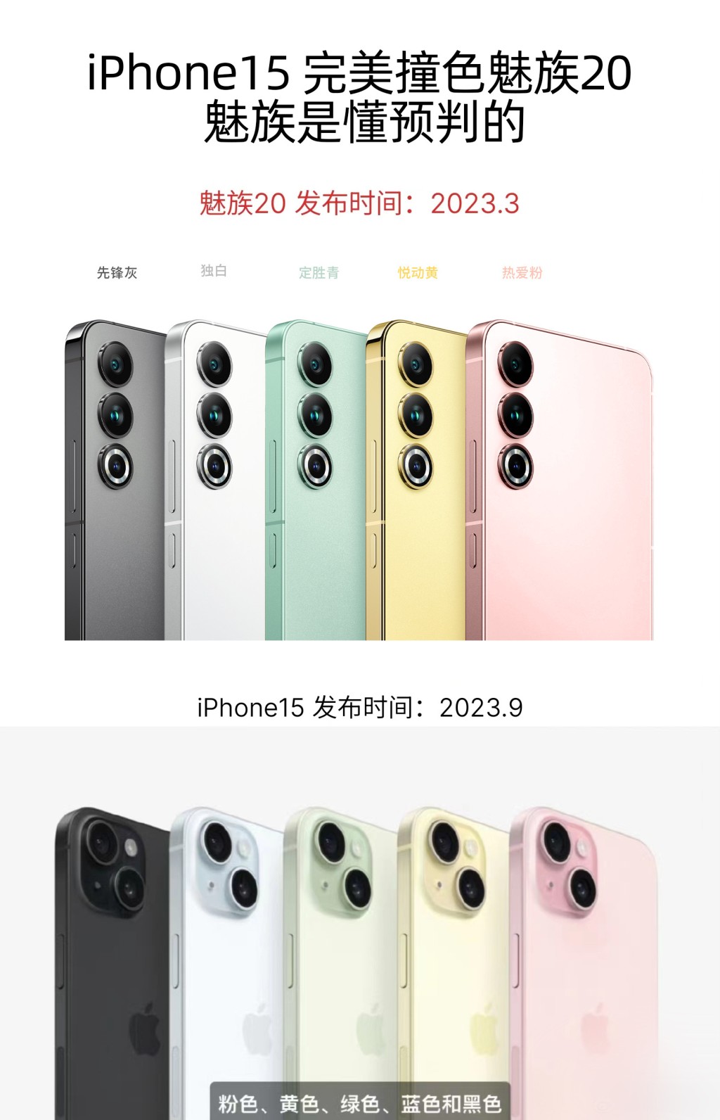 iPhone 15 和較早前推出的魅族20手機「完美撞色」。