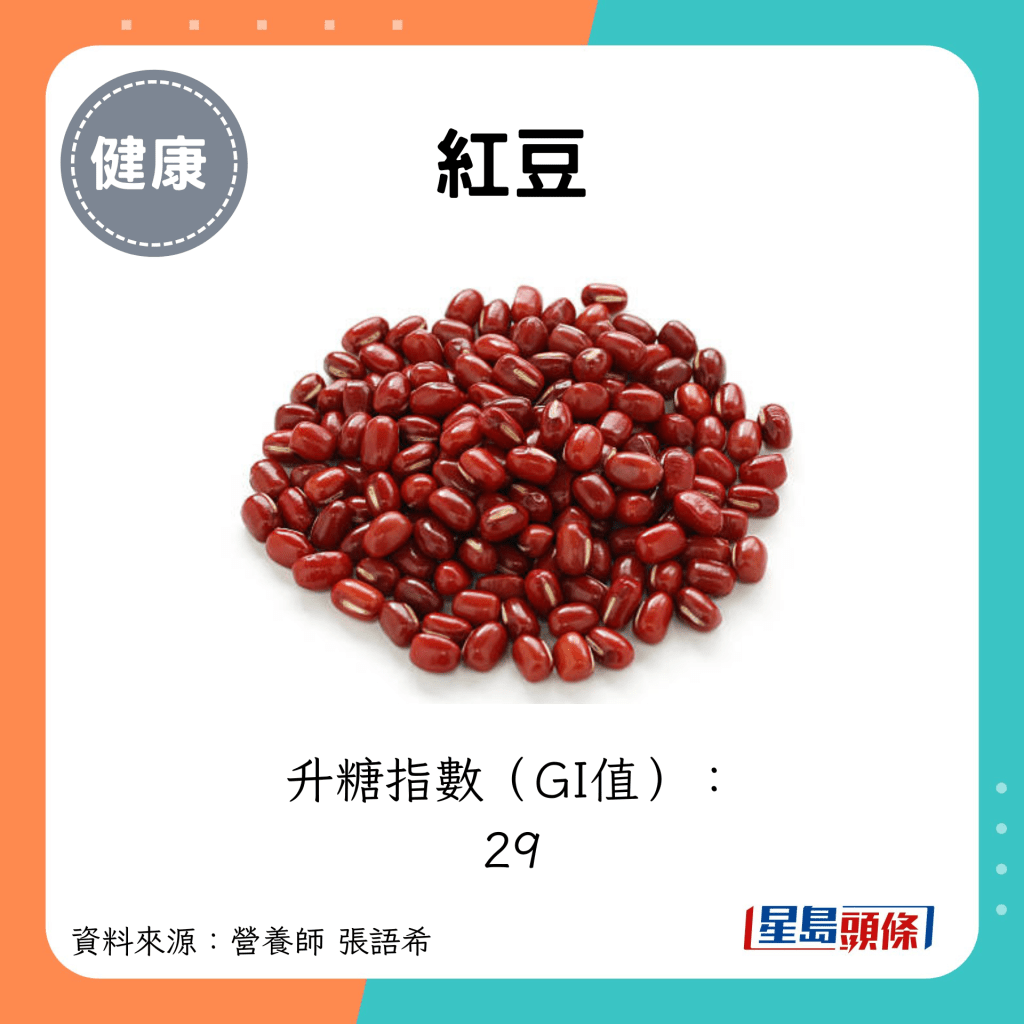 紅豆：升糖指數（GI值）： 29