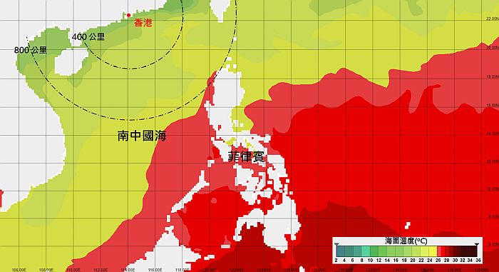 本年2月中旬南海及西北太平洋的海面溫度分布,黃綠色表示海面溫度低於26度。天文台