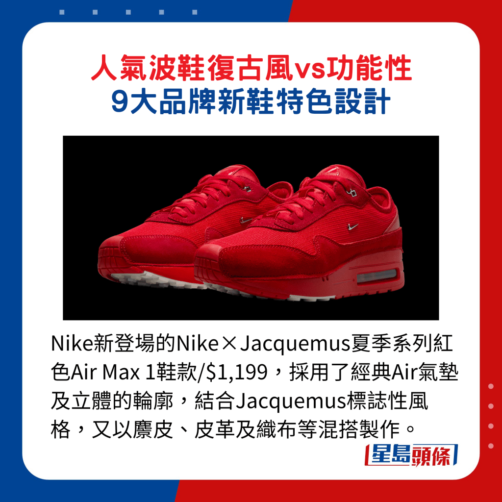 Nike新登场的Nike×Jacquemus夏季系列红 色Air Max 1鞋款/$1,199，采用了经典Air气垫及立体的轮廓，结合Jacquemus标志性风格，又以麖皮、皮革及织布等混搭制作。