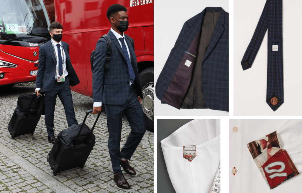 Paul Smith為球隊曼聯球員特別量身訂製的西裝，褸身及長褲均飾以灰藍色暗格紋，配搭白色純棉恤衫，領帶綴有標誌性的曼聯球會徽章。