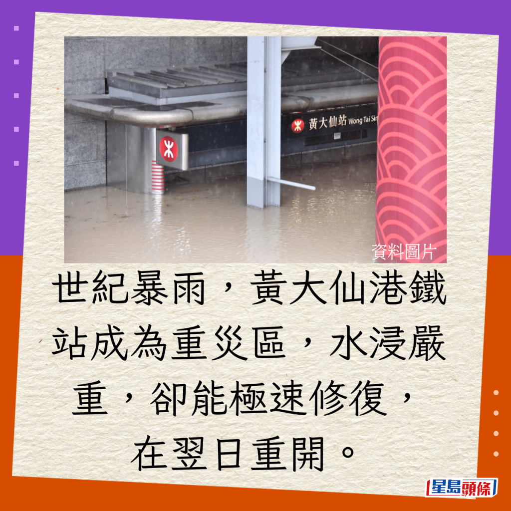 世紀暴雨，黃大仙港鐵站成為重災區，水浸嚴重，卻能極速修復，在翌日重開。