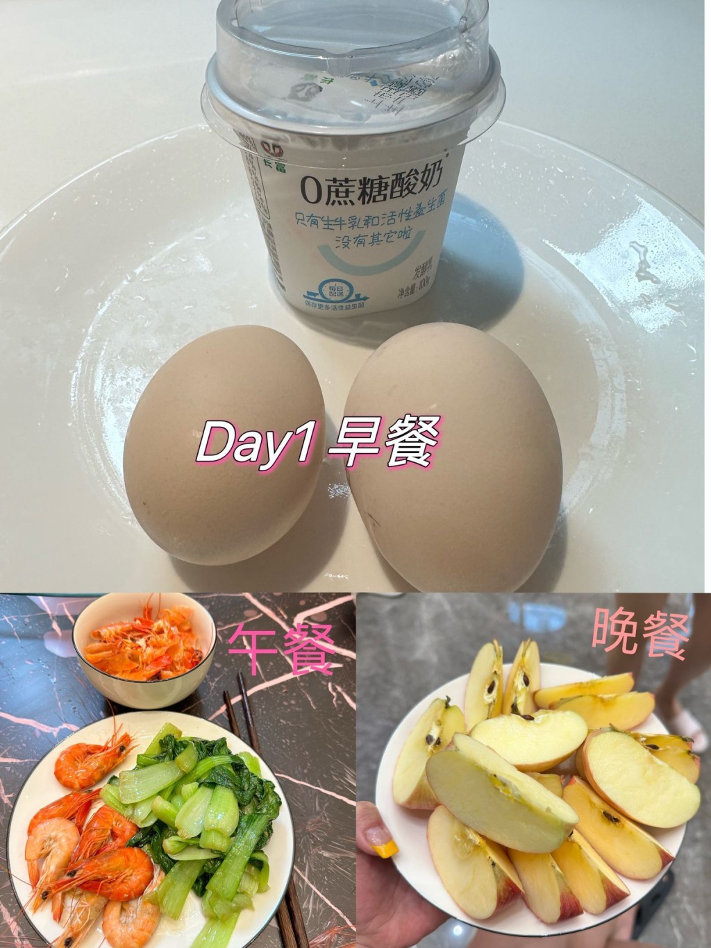 第一日早餐：2烚蛋加原味乳酪；午餐：烚菜和白灼蝦；晚餐蘋果。