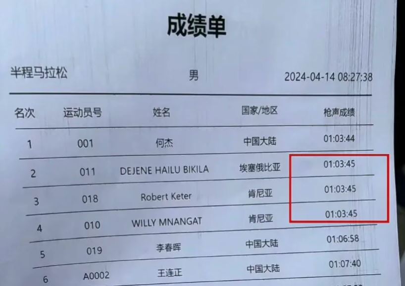 北京半馬男子組涉讓賽醜聞的頭4位跑手成績，在資料庫中被消失。