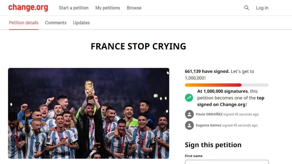 另一聯署活動名為「法國不要再哭」反擊，在短時間內有超過60萬人次簽名。網上圖片。