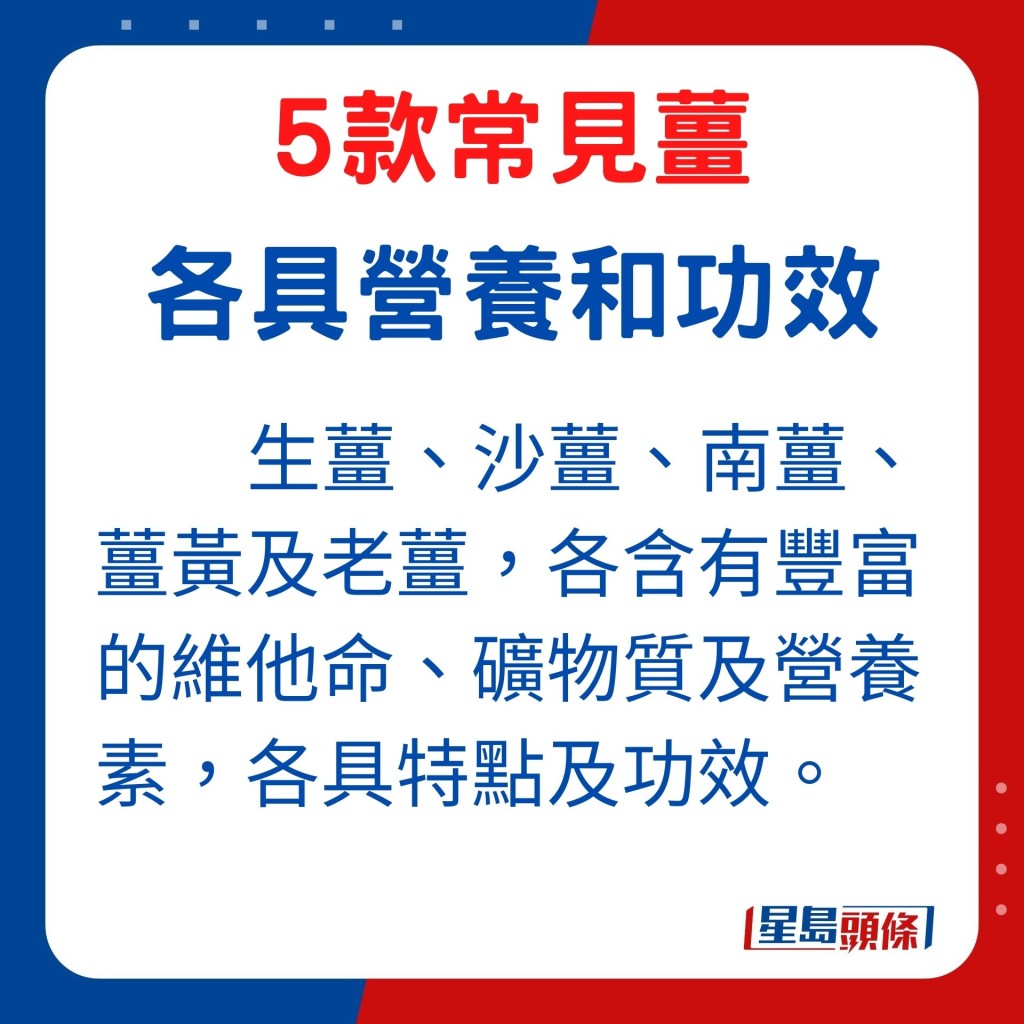 營養上細分，生薑、沙薑、南薑、薑黃及老薑，各含有豐富的維他命、礦物質及營養素，各具特點及功效。