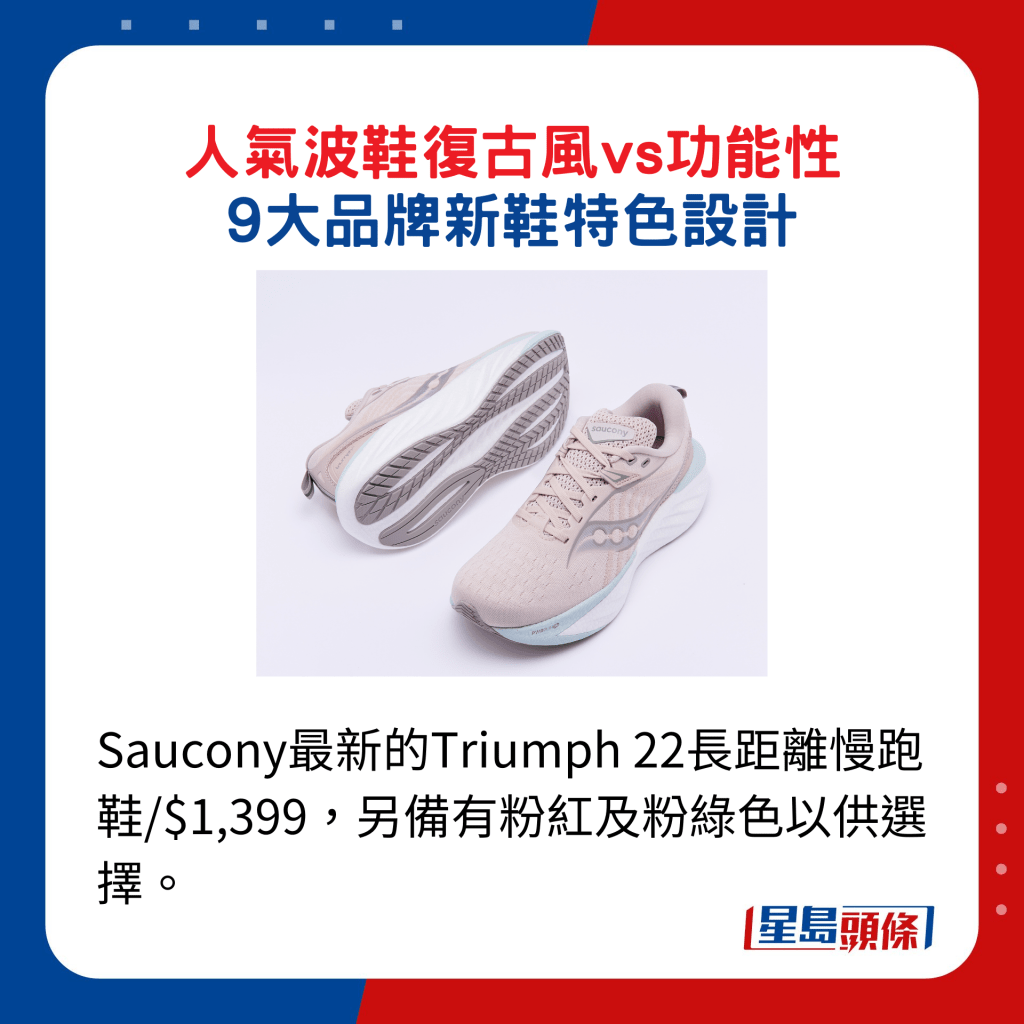 Saucony最新的Triumph 22長距離慢跑鞋/$1,399，另備有粉紅及粉綠色以供選擇。