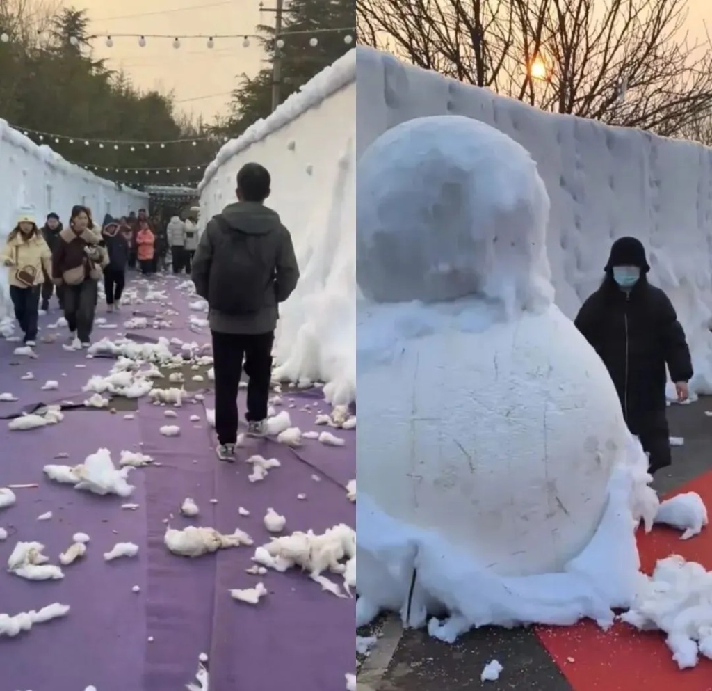 游客吐槽称景区宣传中厚厚的“积雪”,实际为白色丝绵仿制。 游客吐槽称景区宣传中厚厚的“积雪”,实际为白色丝绵仿制。