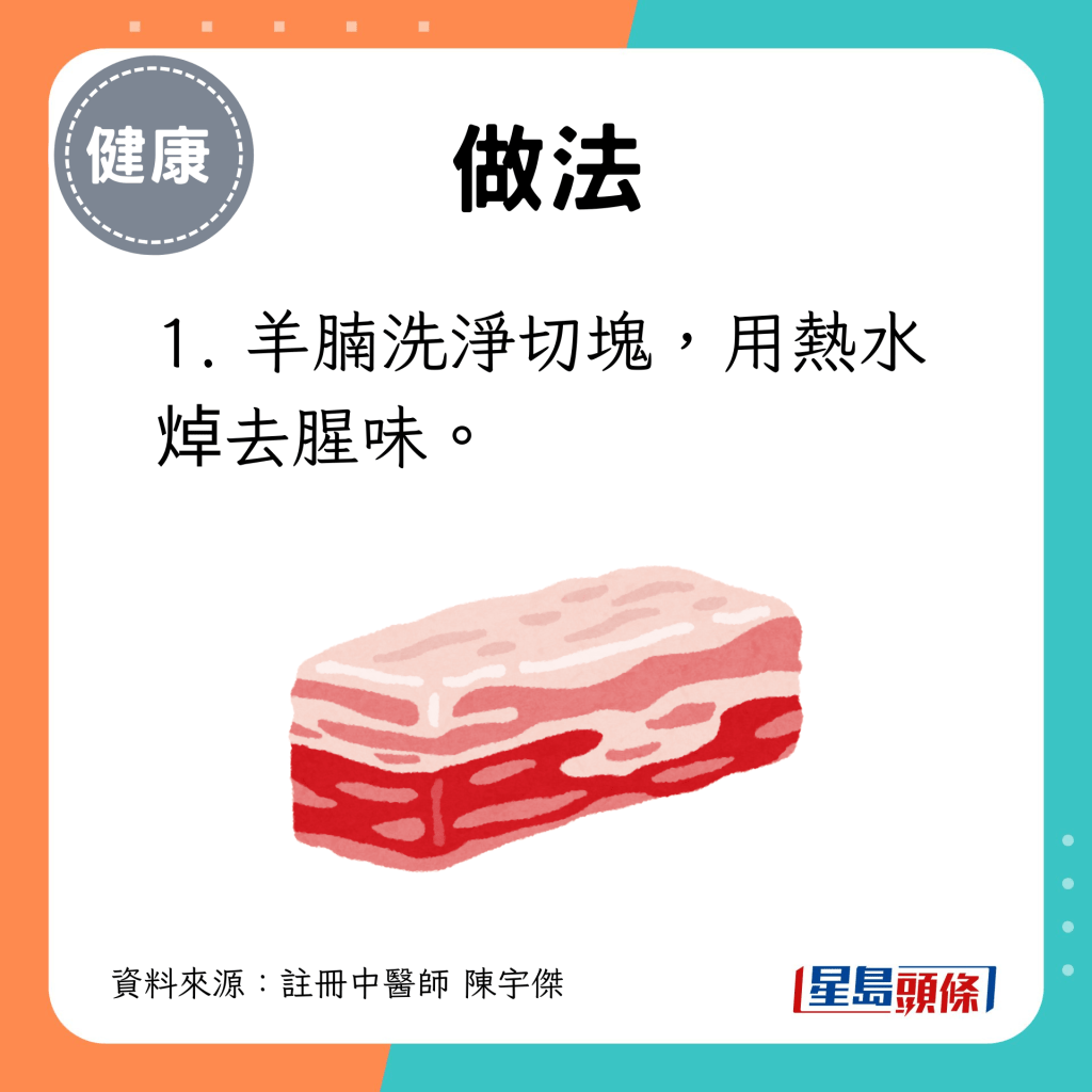 1. 羊腩洗净切块，用热水焯去腥味。