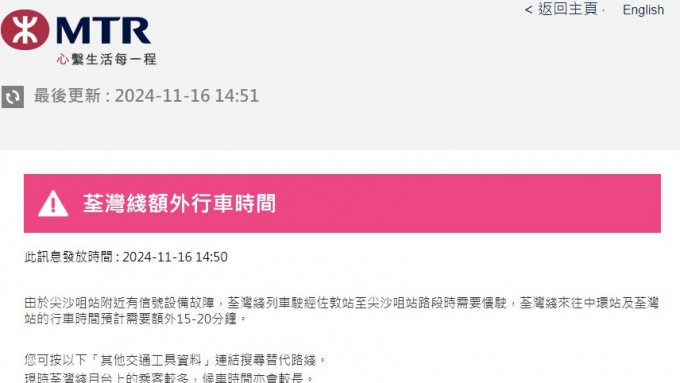 上周六尖沙咀站附近有信號設備故障，荃灣綫列車駛經佐敦站至尖沙咀站路段受影響。