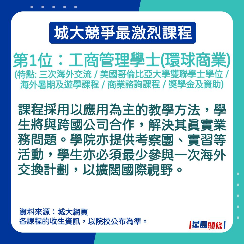 工商管理学士(环球商业) (特点: 三次海外交流 / 美国哥伦比亚大学双联学士学位 / 海外暑期及游学课程 / 商业谘询课程 / 奖学金及资助)的课程资讯。