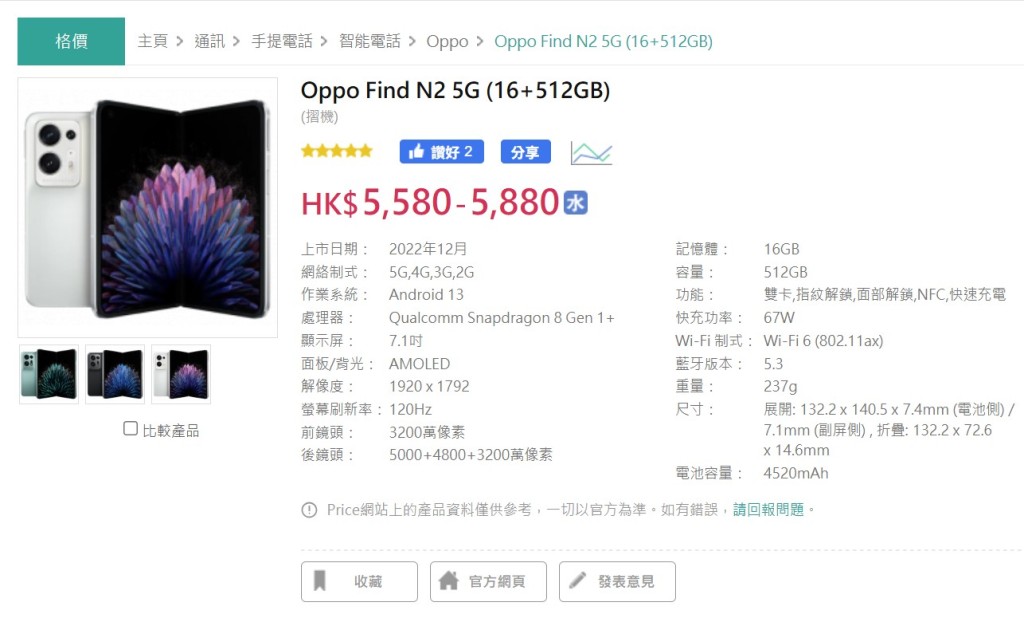 OPPO FIND N2 水貨6000元有找。Price.com.hk 截圖