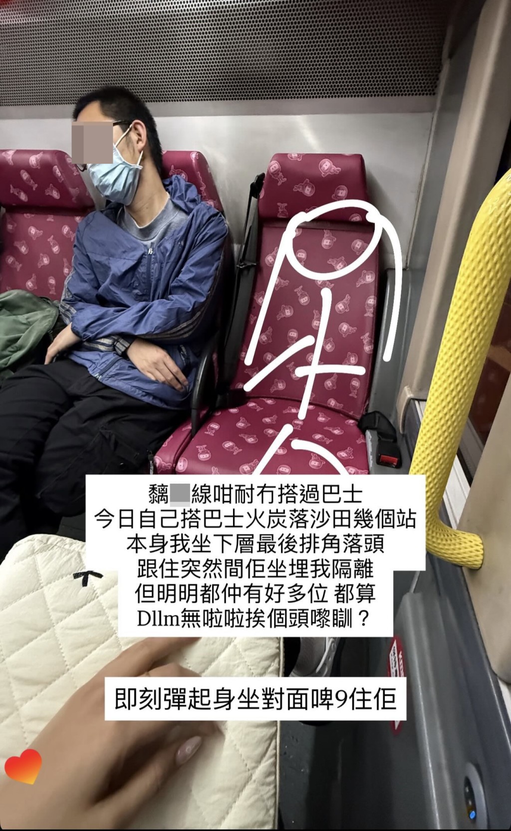 一名女網民更上載了該男子的正面相片，相中的他身穿藍色外套，戴着口罩，閉目靠在椅背上。該網民怒斥：「呢條Ｘ樣慣犯嚟」，指自己曾三次在火炭乘搭巴士往沙田時遇到他。（來源：Threads＠wky.w2、ngachiii43、kkkaaaaa._、lailai.a）