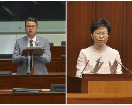 尹兆堅(左)向林鄭月娥(右)提不信任議案。資料圖片