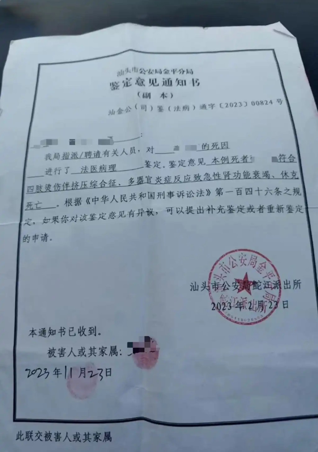 死因鉴定结果。