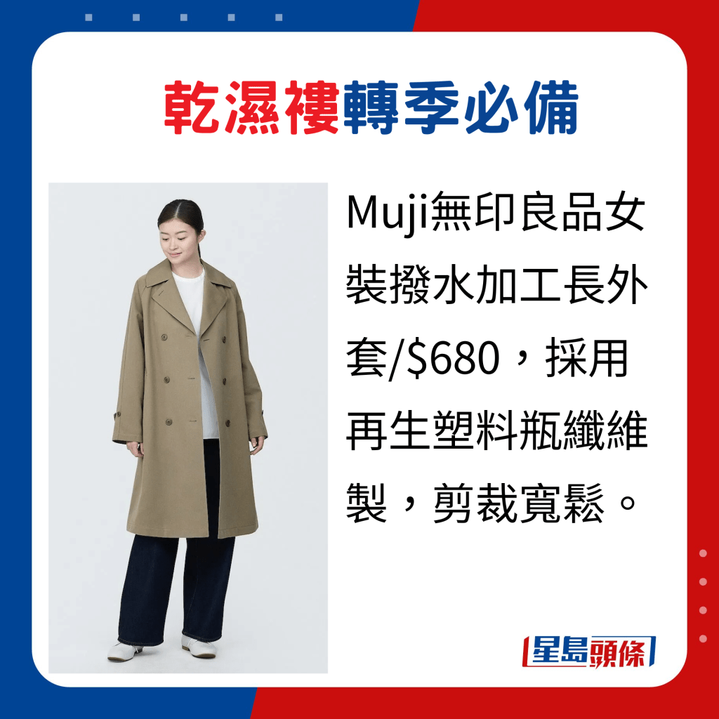 Muji無印良品女裝撥水加工長外套/$680，採用再生塑料瓶纖維製，剪裁寬鬆。