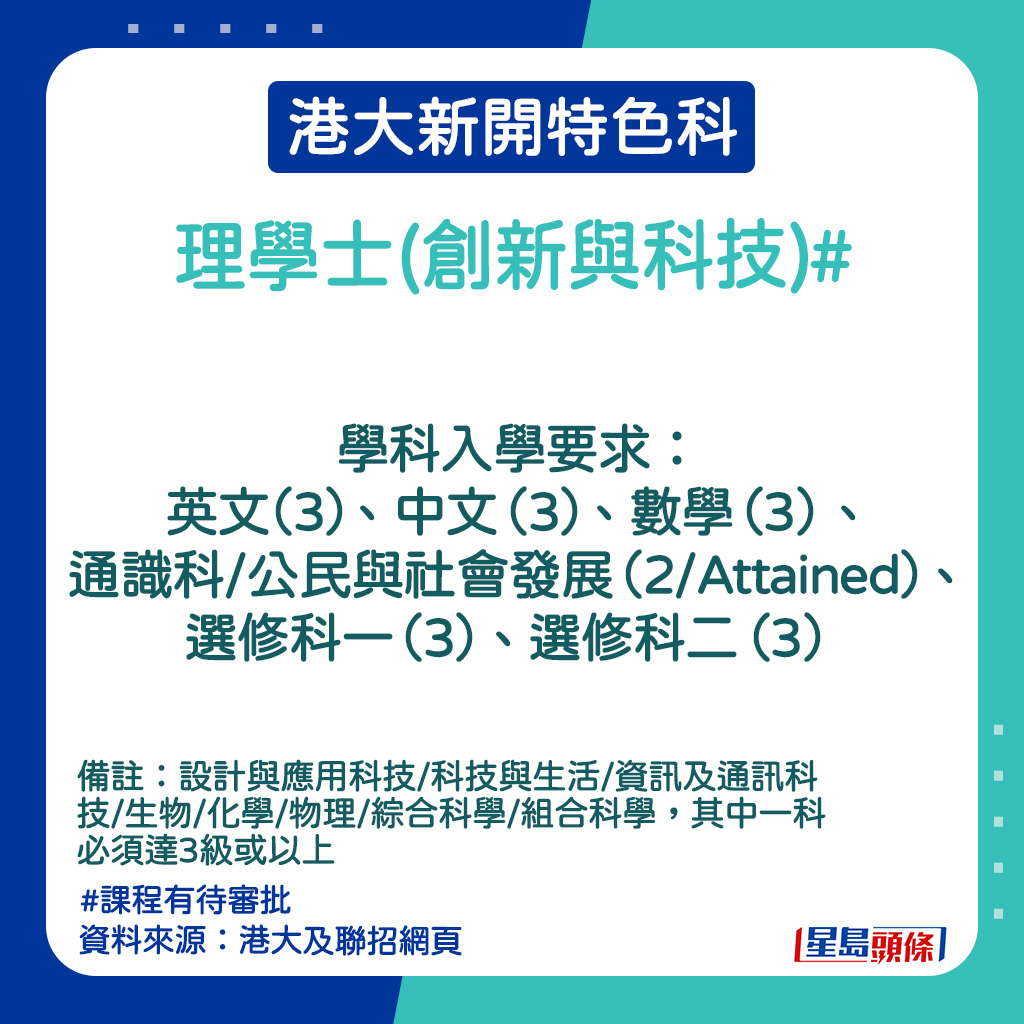 港大新開特色科｜理學士 (創新與科技)的入學要求。