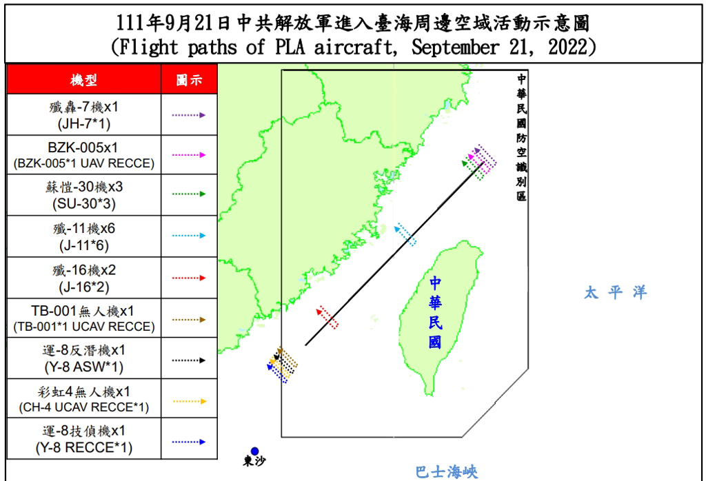 台灣國防部公布解放軍21日在台海活動情況