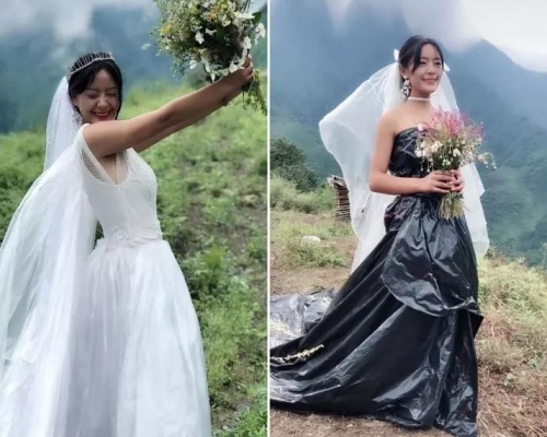 少女因穿著自製的「膠袋婚紗」而爆紅。網圖